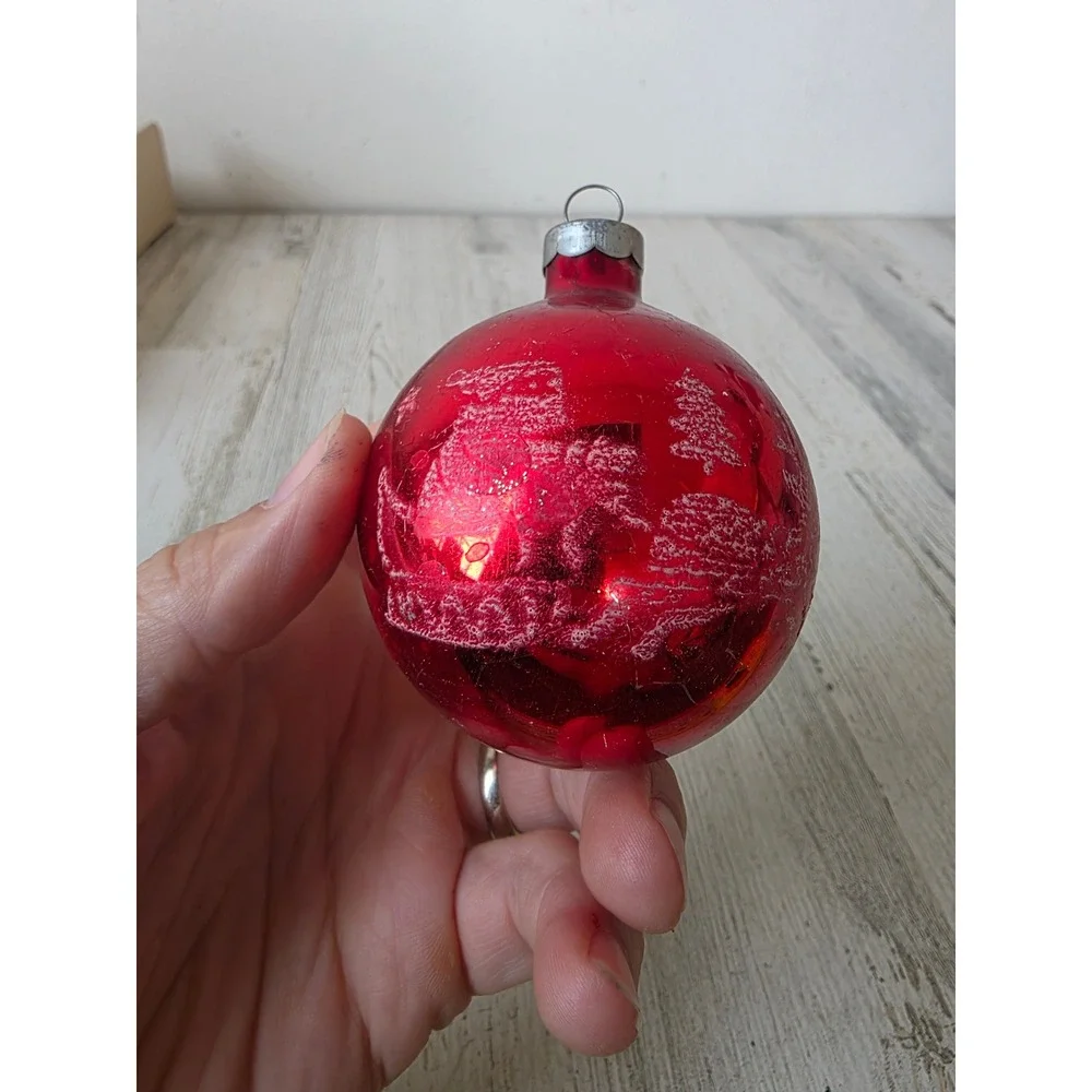 Vintage red Santa dear stencil glass ornament reindeer scene Xmas tree